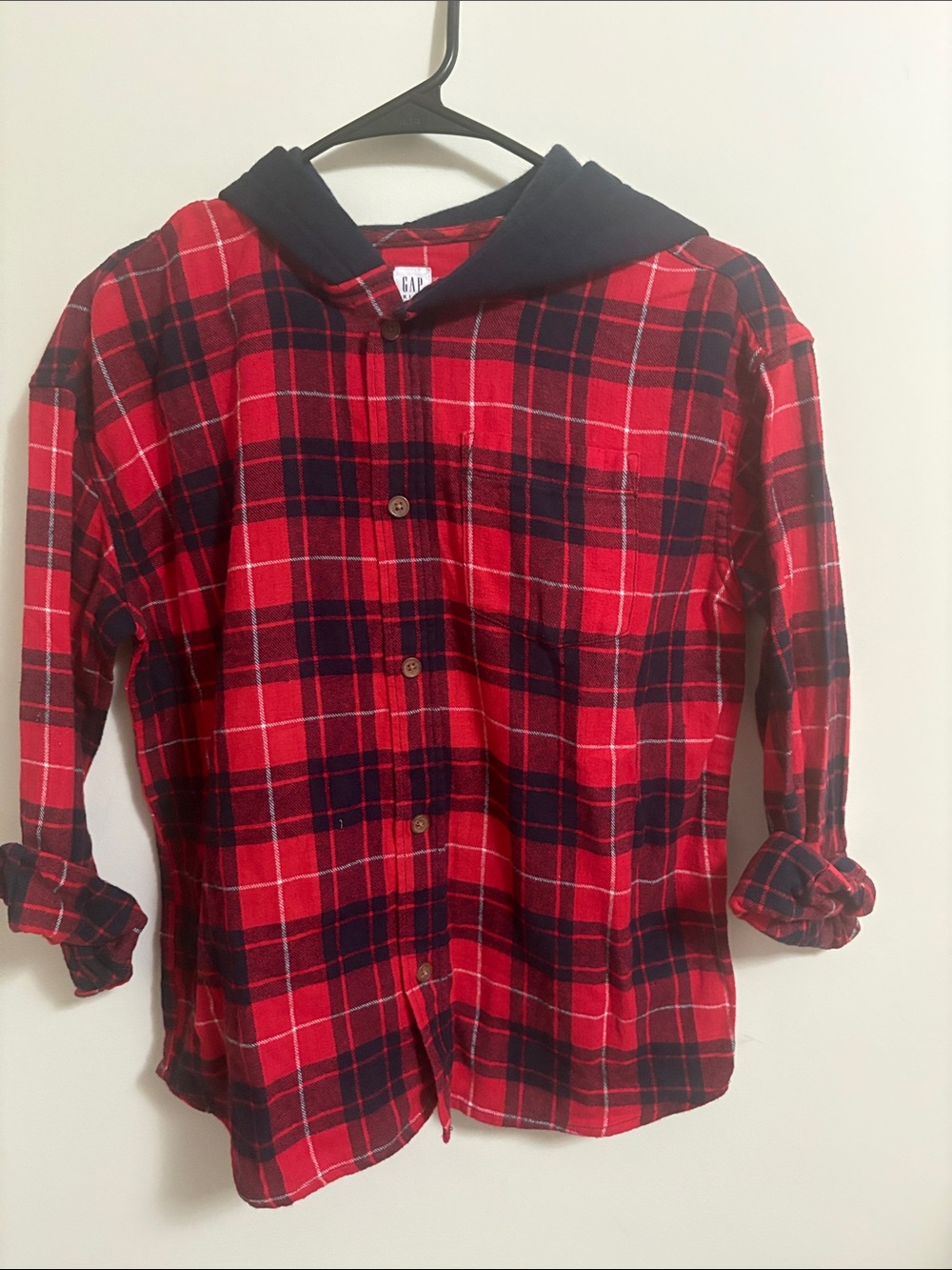 GAP Red and Black Plaid Hooded Button-Down Shirt